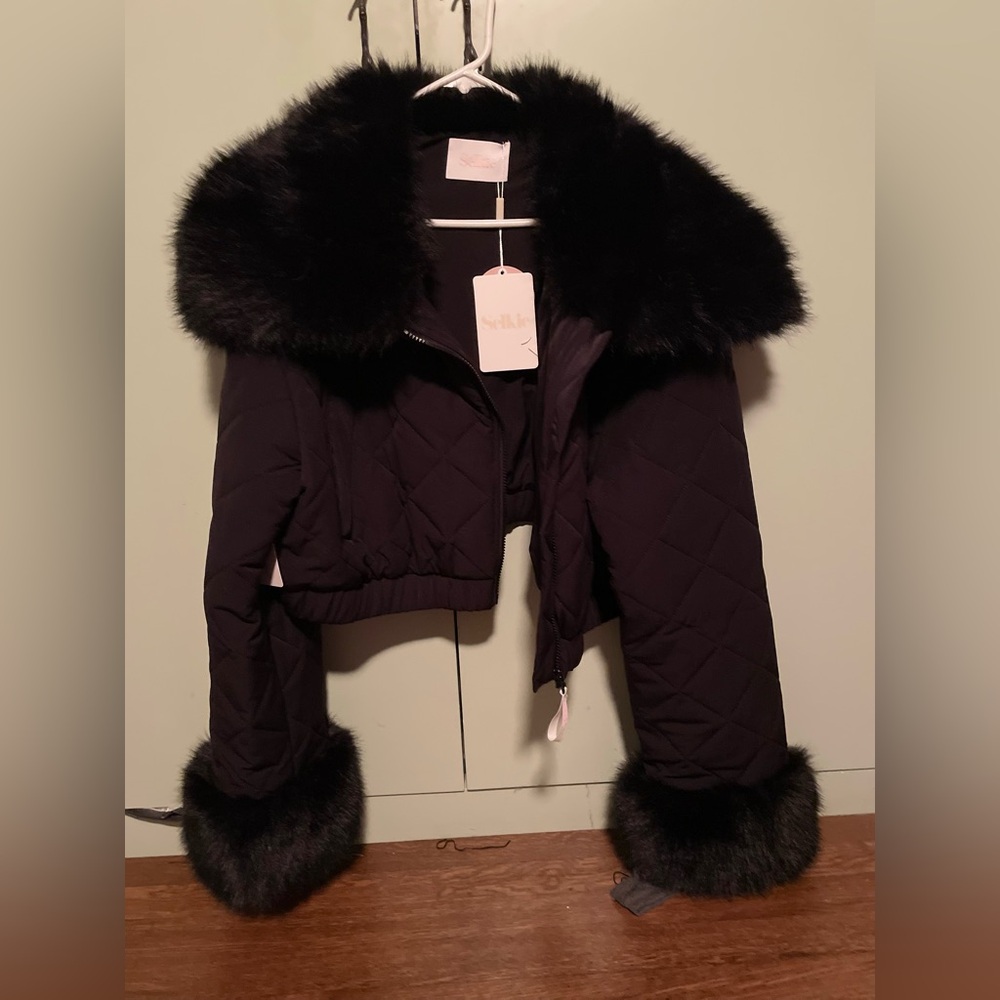 Selkie Black Coat Jacket with Faux Fur Trim Caviar